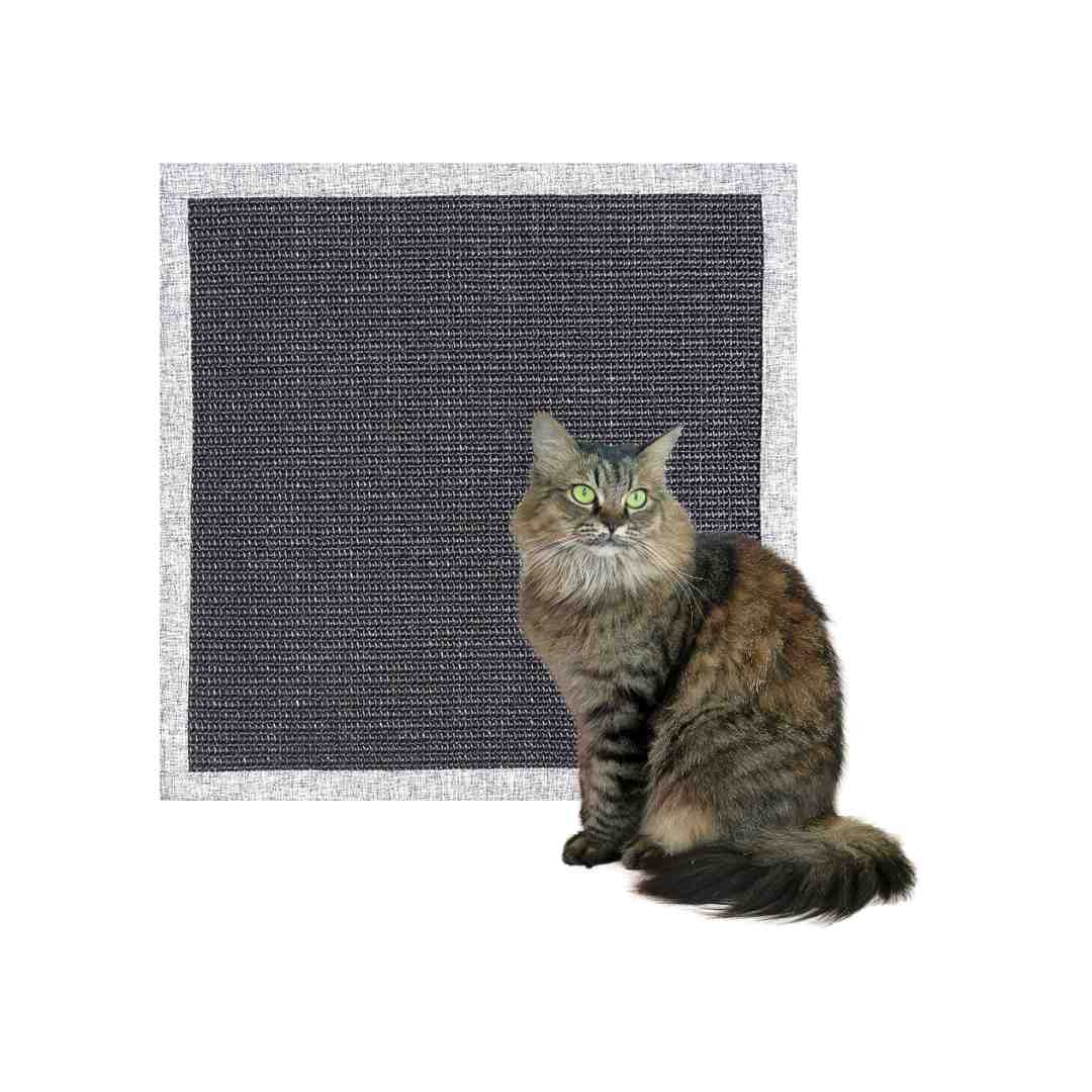 Katze sitzt vor einem Kratzkissen in der Farbe Hellgrau / Schwarz - Happy Scratchy