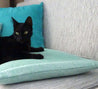 Katze liegt auf dem Sofa auf einem Kratzkissen der Farbe türkis - Happy Scratchy