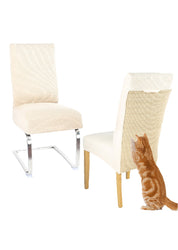 Katze kratzt an Stuhlhusse natural-beige mit Kratzmatte - Happy Scratchy