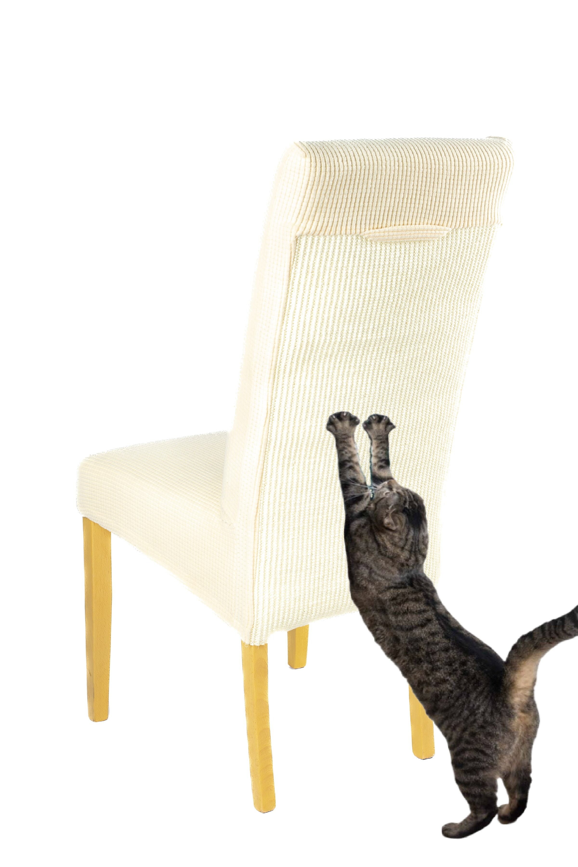 Katze kratzt an Stuhlhusse natural mit Kratzmatte - Happy Scratchy