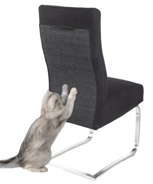 Katze kratzt an Stuhlhusse schwarz mit Kratzmatte - Happy Scratchy
